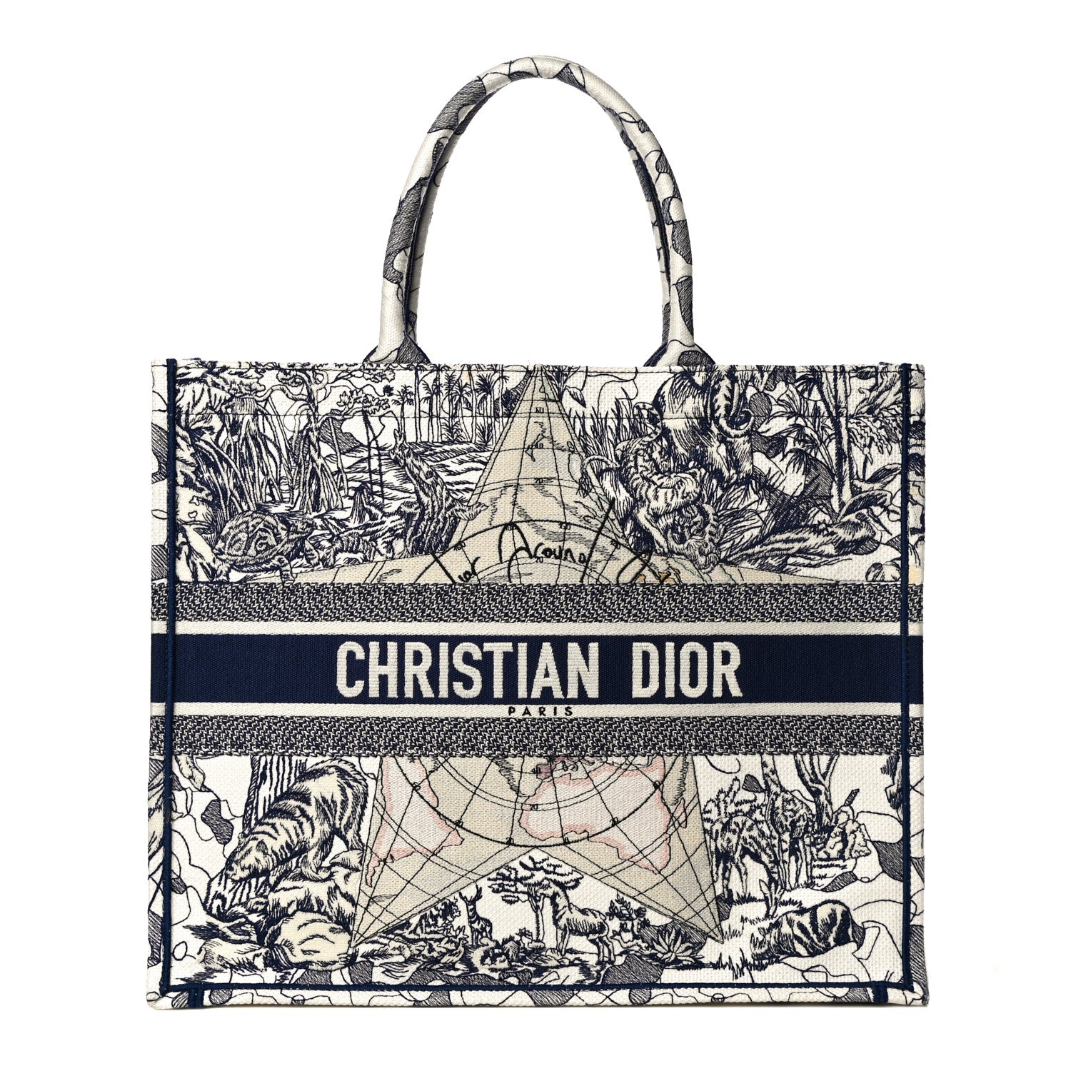 Christian Dior Canvas Embroidered Large Around The World Book Tote Blue 1 of 10