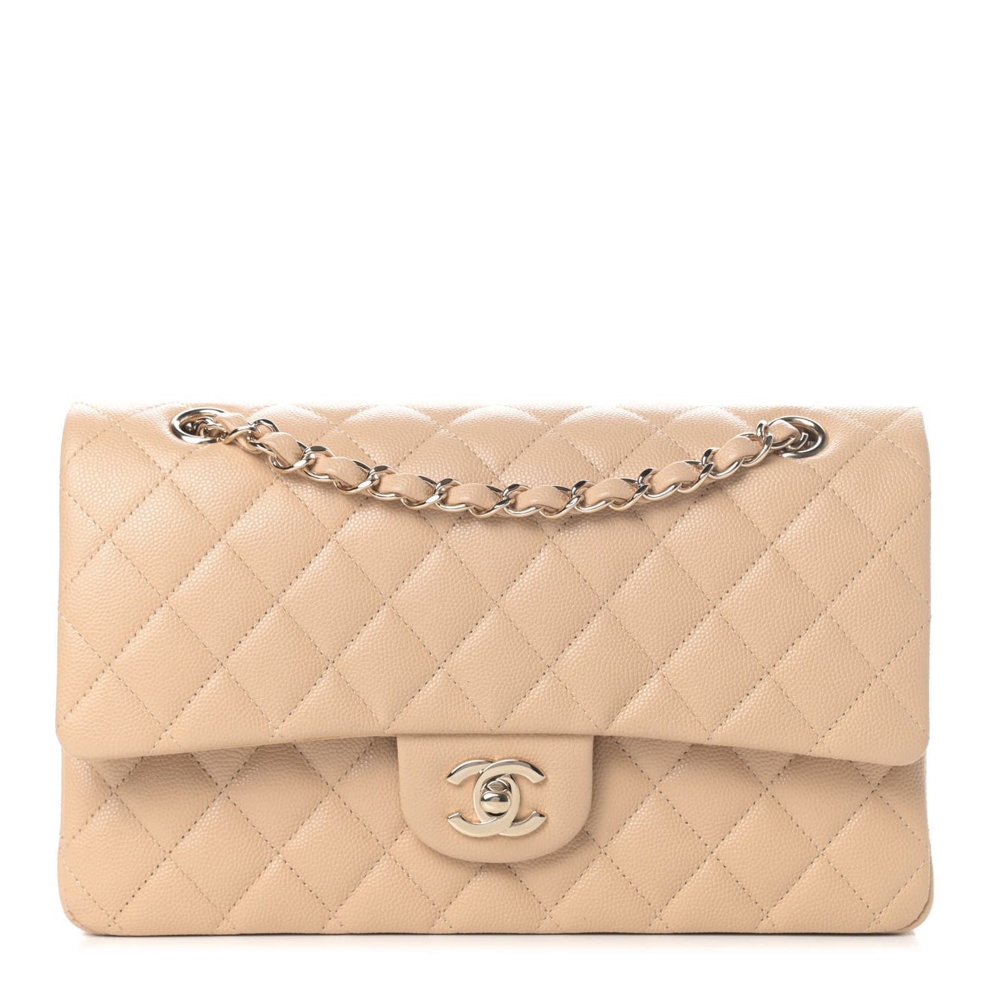 Caviar Quilted Medium Double Flap Beige