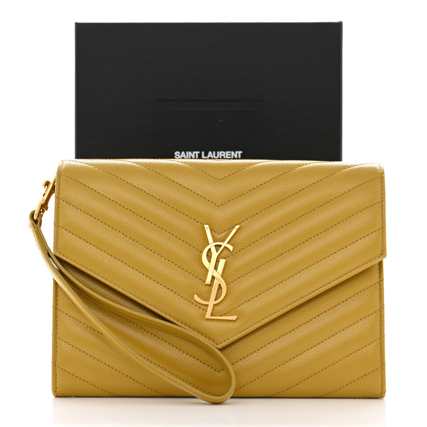 Saint Laurent Grain De Poudre Matelasse Chevron Monogram Envelope Clutch Mustard 8 of 8