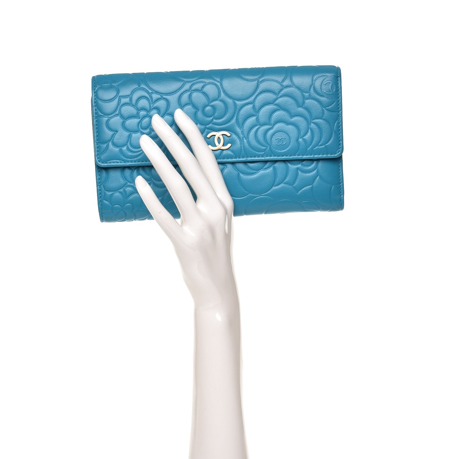 Chanel Lambskin Embossed Camellia Large Flap Wallet Turquoise 2 of 8