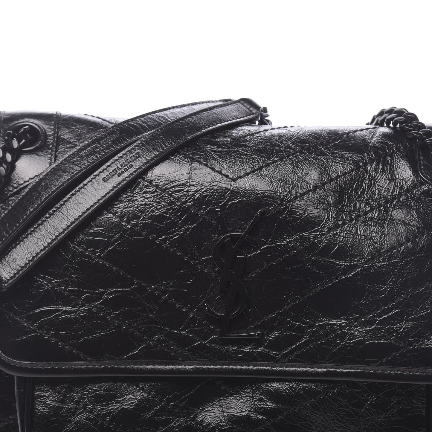 Crinkled Calfskin Matelasse Monogram Medium Niki Chain Satchel Black