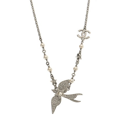 Chanel Pearl Crystal CC Star Bird Necklace Silver Pearly White 1 of 5