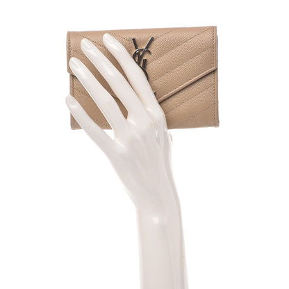 Saint Laurent Grain De Poudre Matelasse Chevron Small Monogram Envelope Wallet Dark Beige 2 of 7