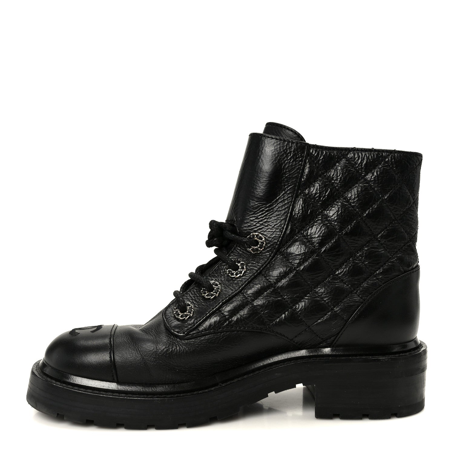 Chanel Shiny Goatskin Calfskin Quilted Lace Up Combat Boots 37.5 Black 1 of 10