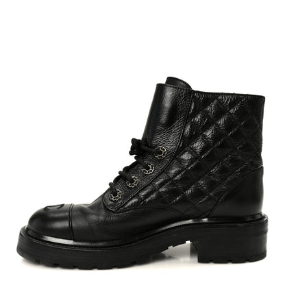 Chanel Shiny Goatskin Calfskin Quilted Lace Up Combat Boots 37.5 Black 1 of 10