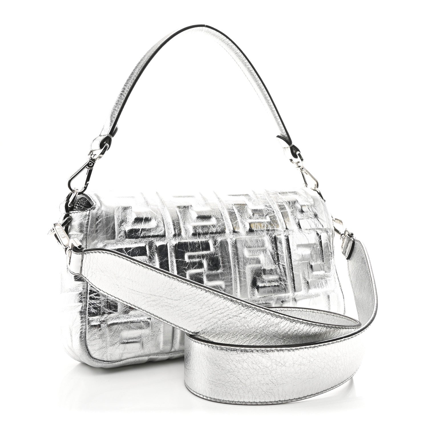 Fendi Vitello Catalan Mirror FF 1974 Embossed Baguette Argento 3 of 10