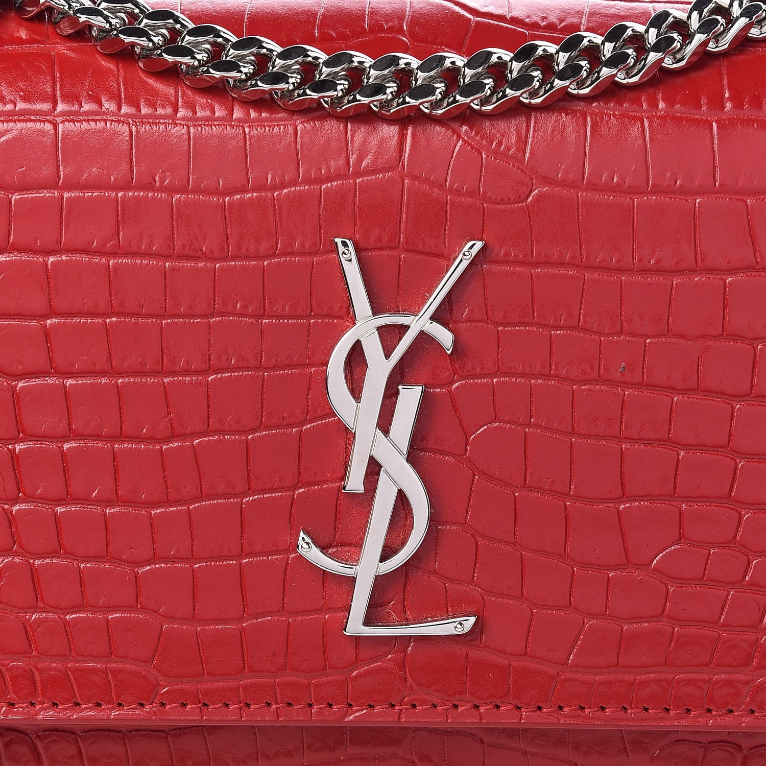 Saint Laurent Calfskin Crocodile Embossed Medium Monogram Sunset Rouge Eros 8 of 10