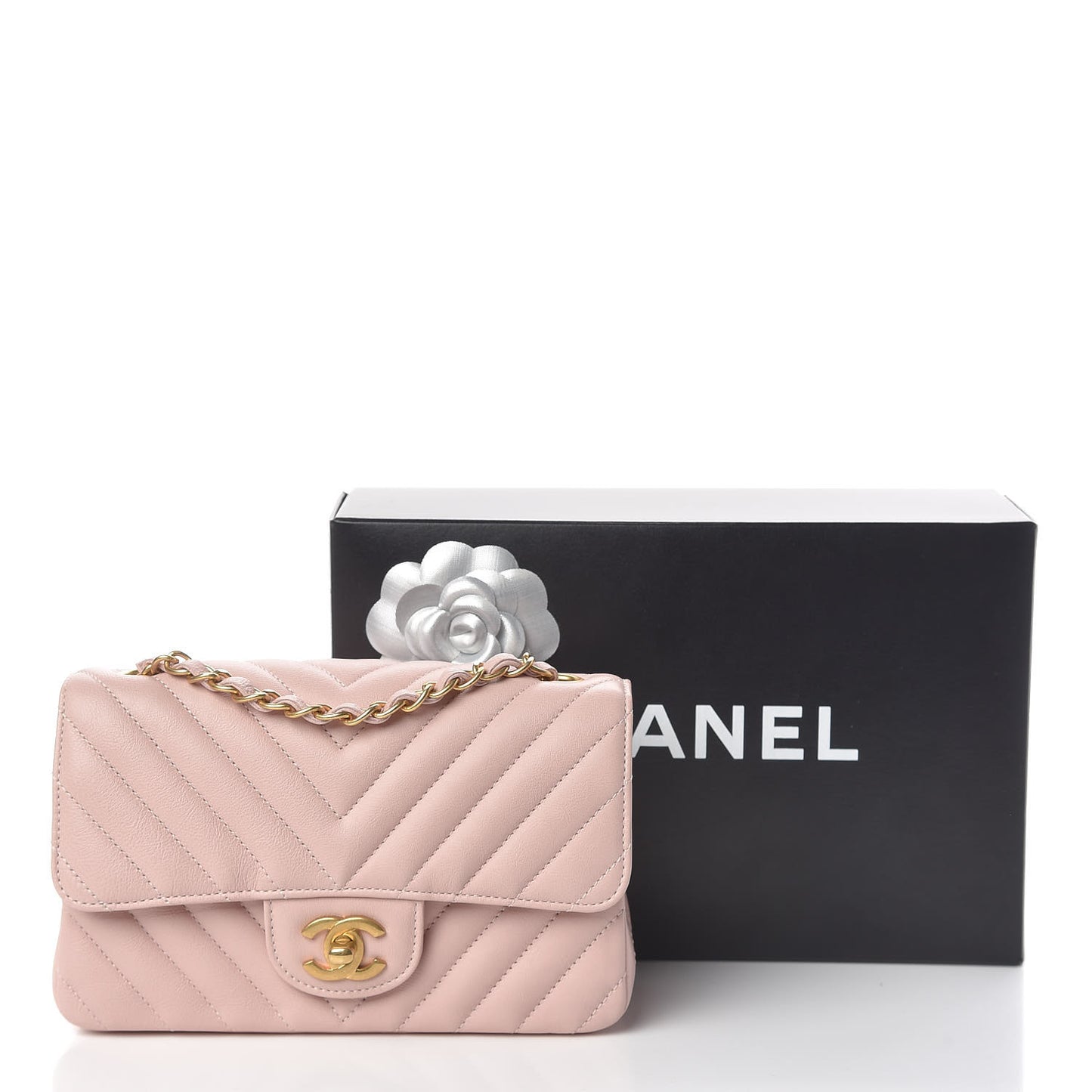 Calfskin Chevron Quilted Mini Rectangular Flap Light Pink