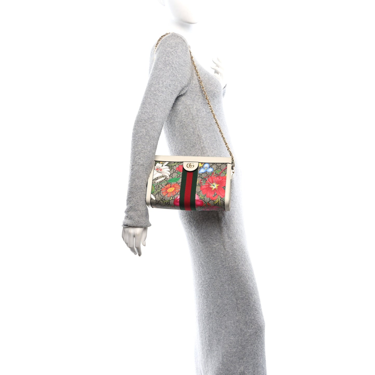 GG Supreme Monogram Flora Web Small Ophidia Chain Shoulder Bag White