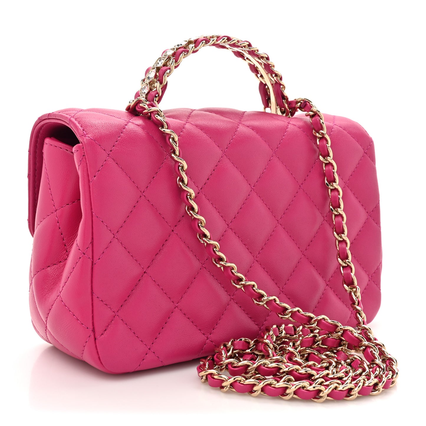 Lambskin Quilted Mini Crystal Top Handle Rectangular Flap Dark Pink