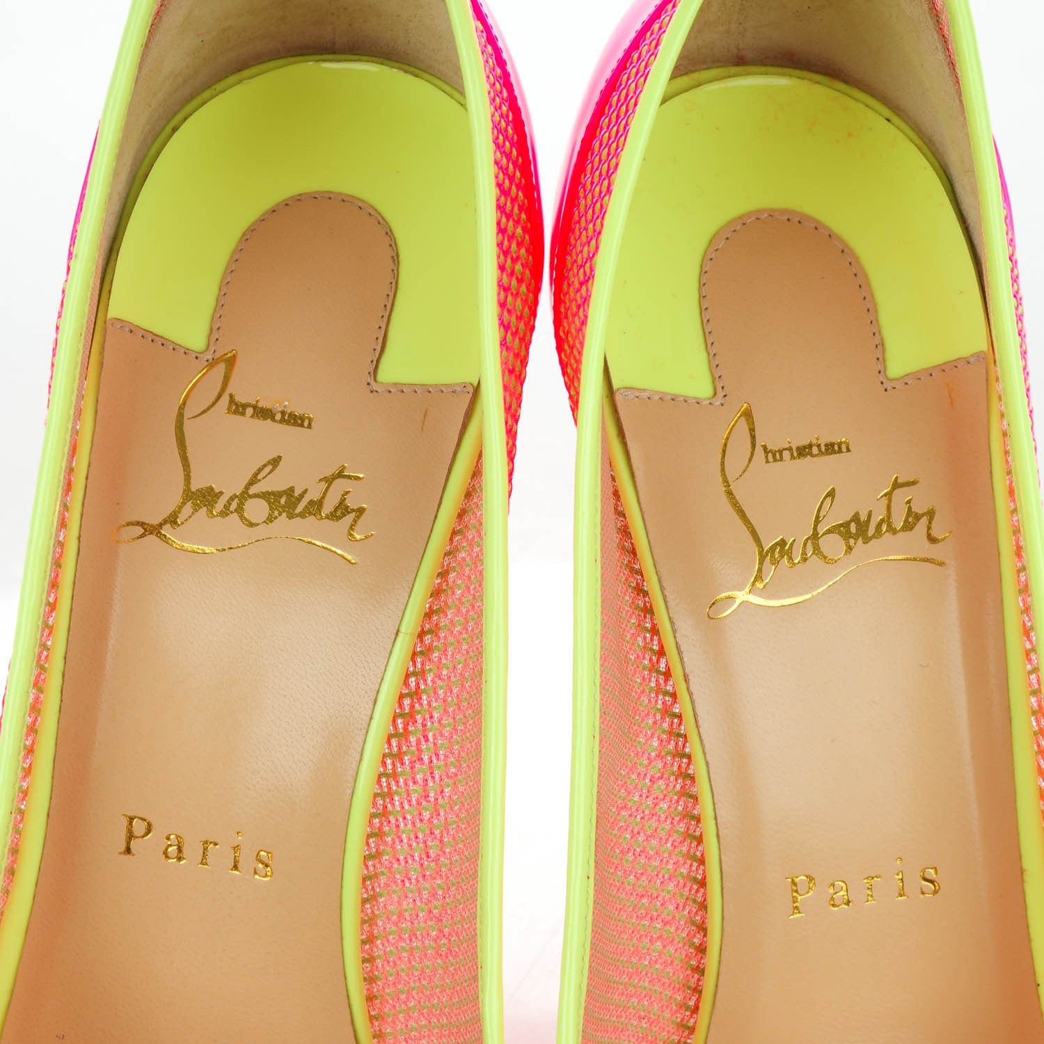 Christian Louboutin Lace Patent Raphia Follies 100 Pumps 38.5 Shocking Pink 7 of 9