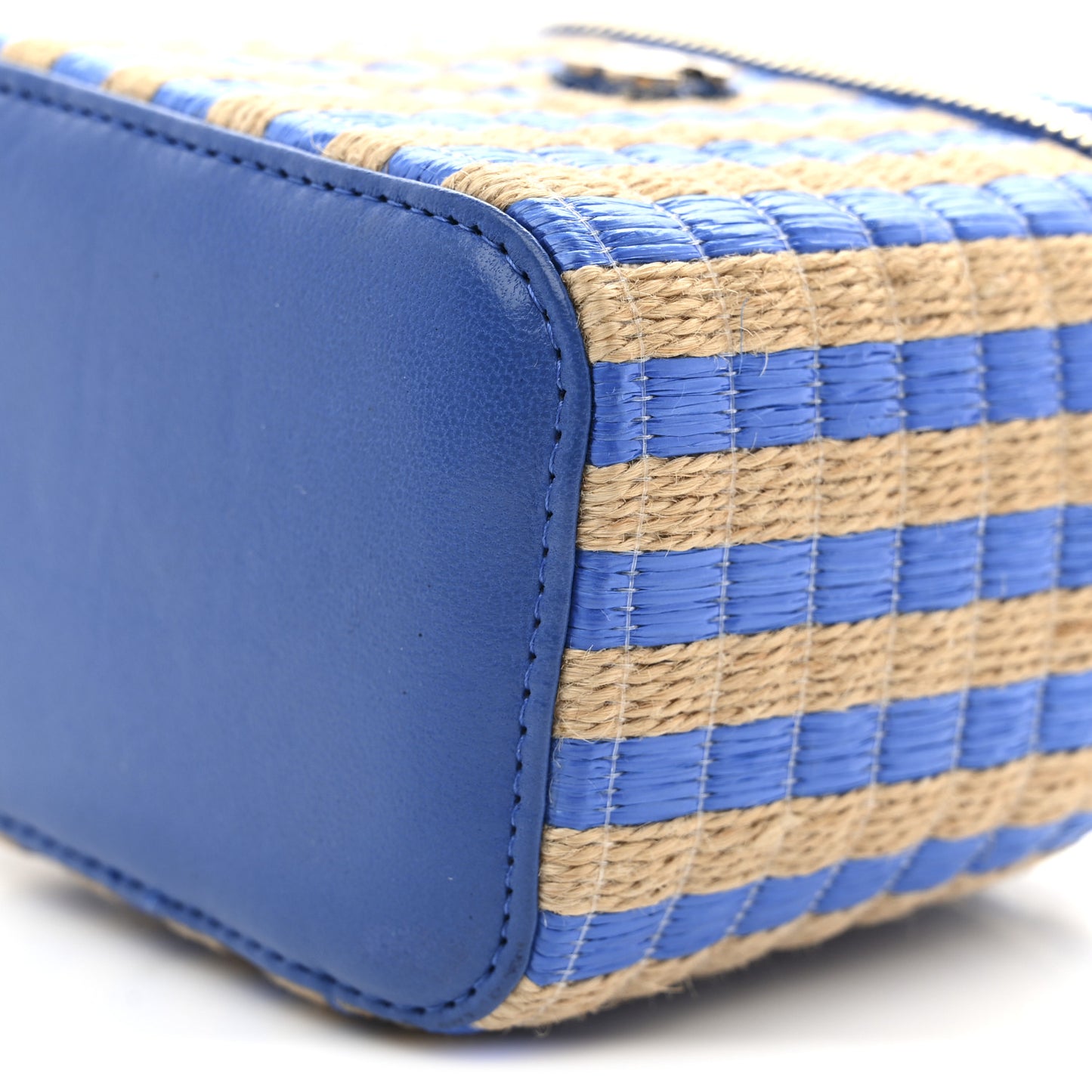 Raffia Jute Striped Mini Vanity Case With Chain Blue Beige