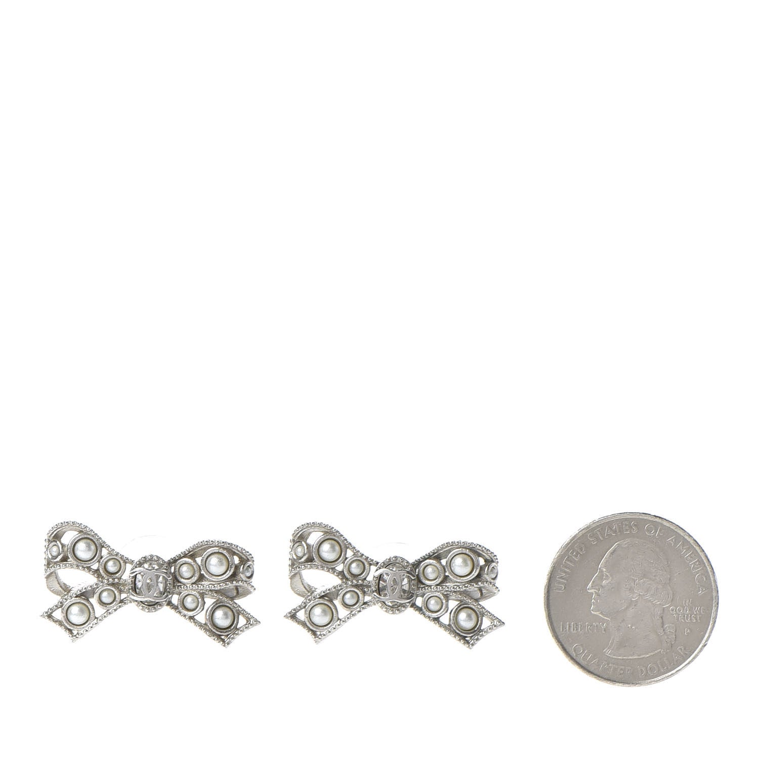 Chanel Pearl CC Bow Earrings Silver 2 of 4