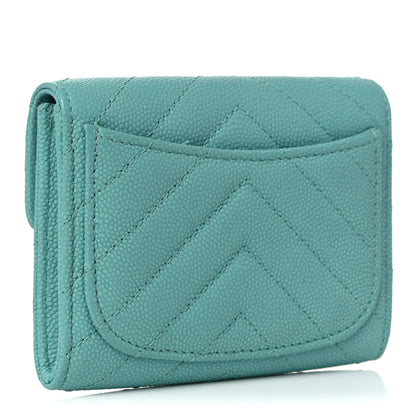 Chanel Caviar Flat Chevron Quilted Card Holder Wallet Green 3 of 10