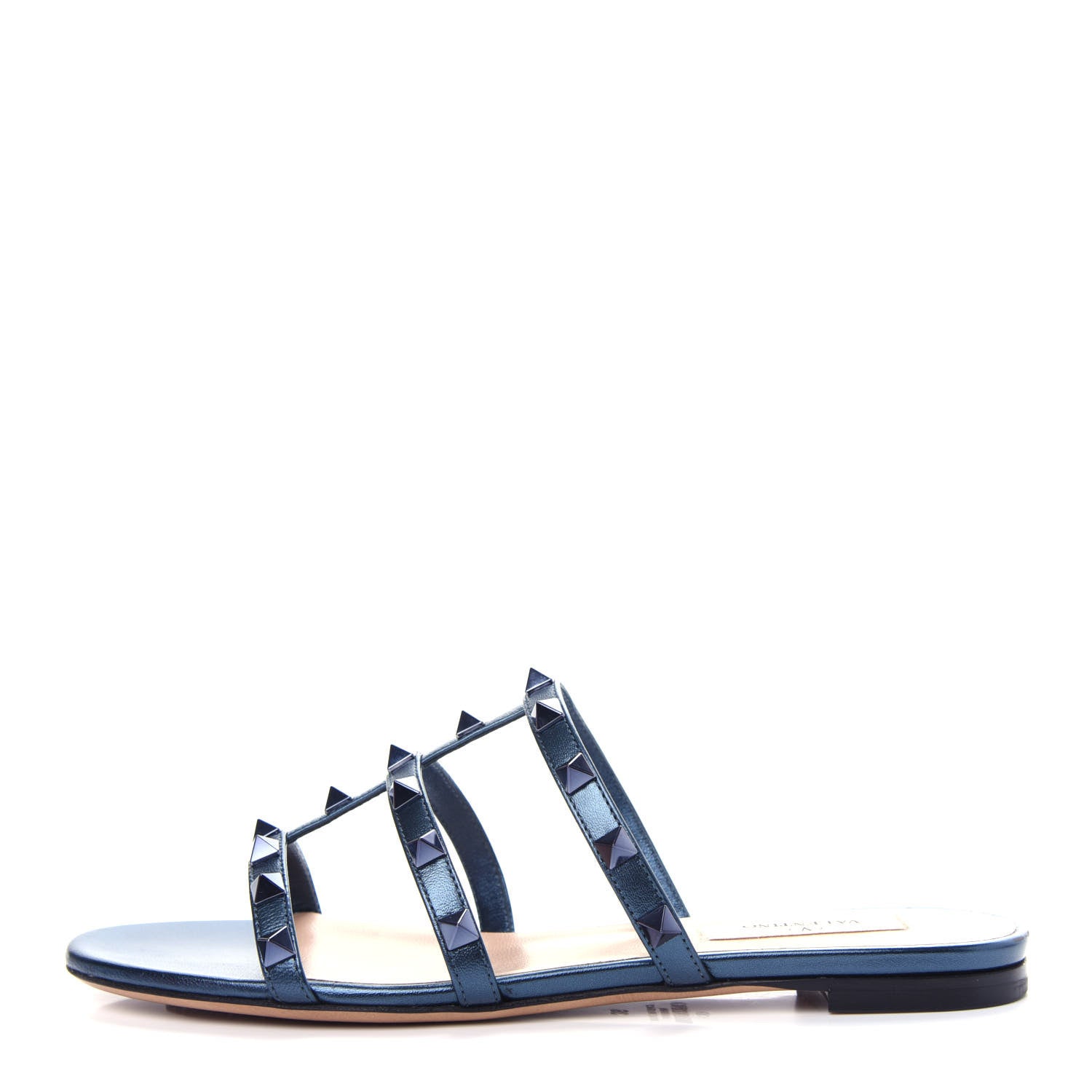 Valentino Garavani Metallic Nappa Rockstud Caged Flat Slide Sandals 36 Marine 1 of 11
