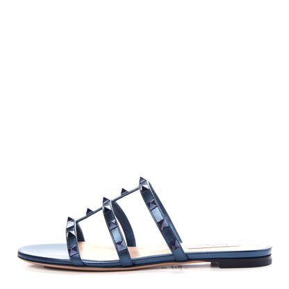 Valentino Garavani Metallic Nappa Rockstud Caged Flat Slide Sandals 36 Marine 1 of 11
