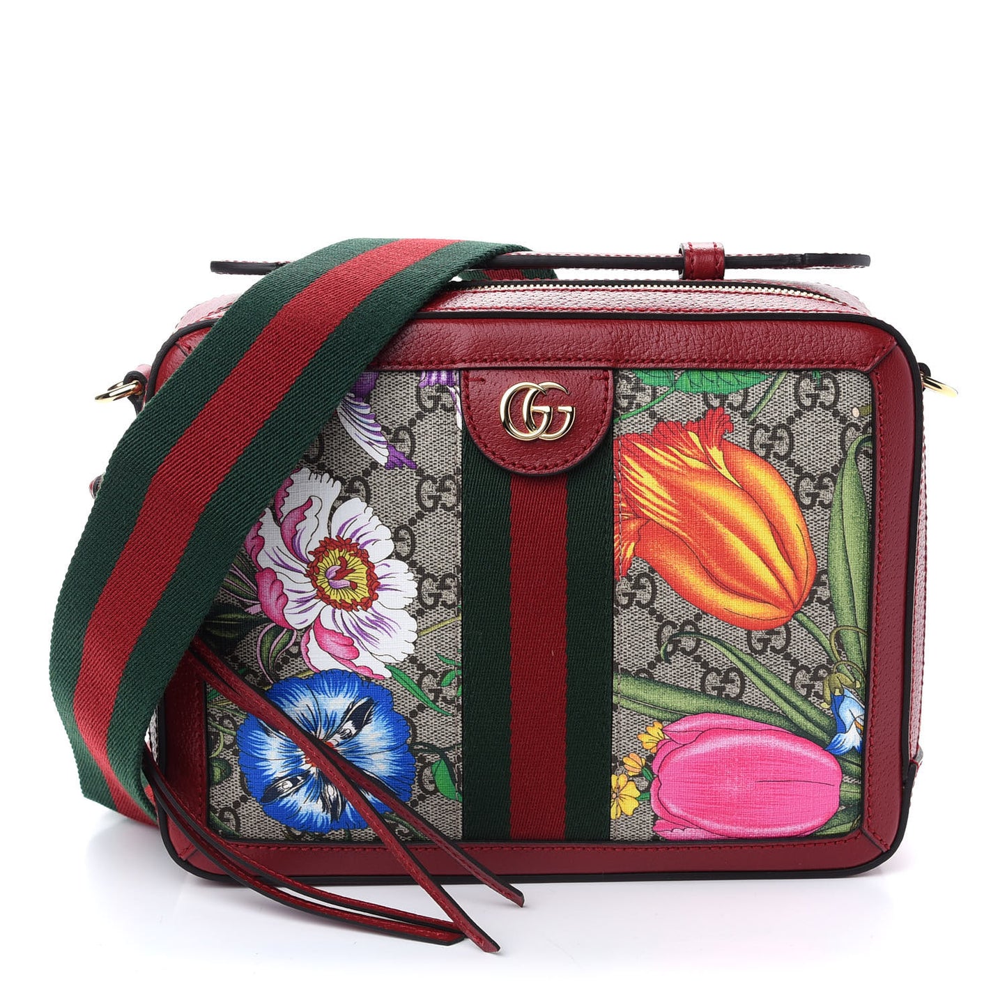 GG Supreme Monogram Flora Web Small Ophidia Top Handle Shoulder Bag Hibiscus Red