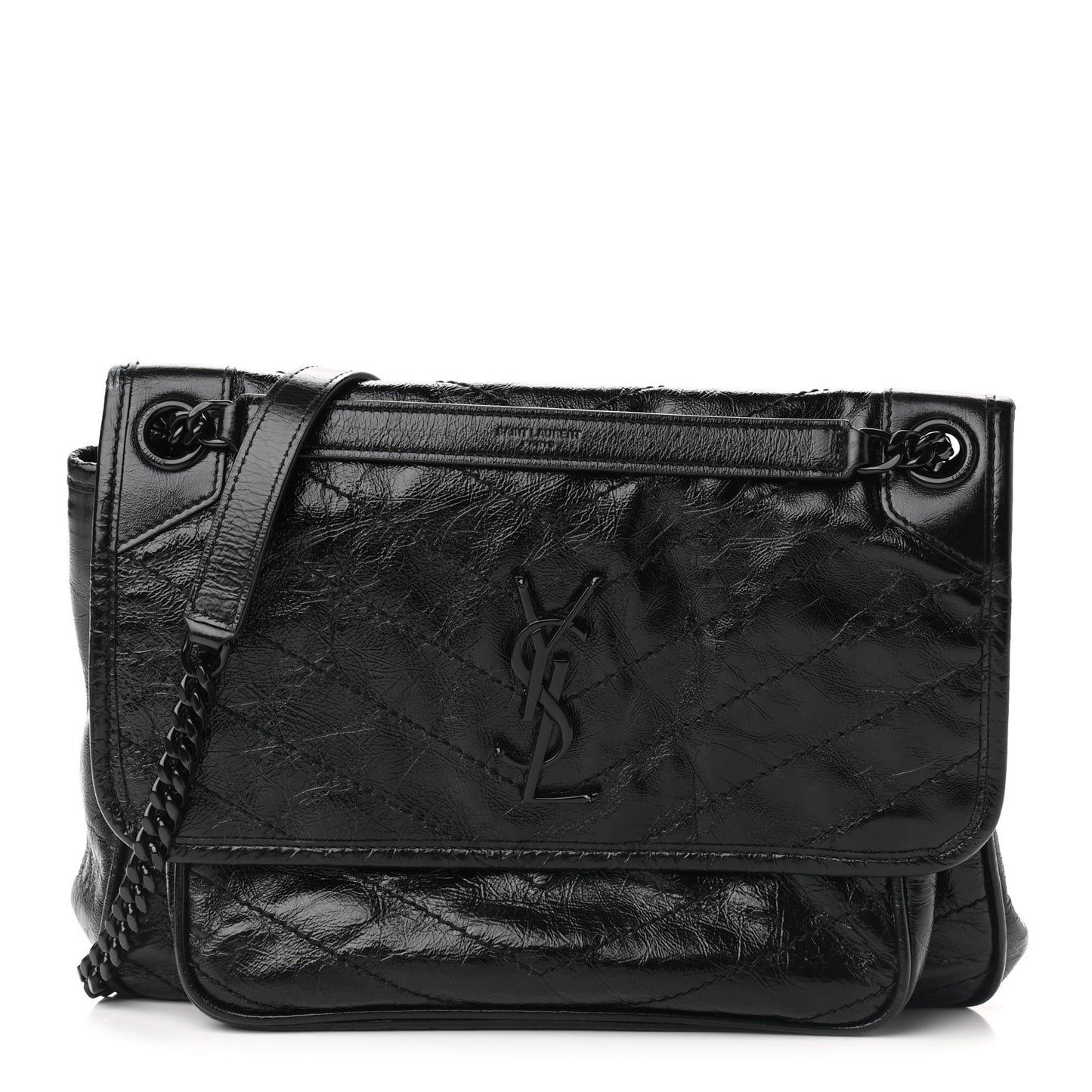 Crinkled Calfskin Matelasse Monogram Medium Niki Chain Satchel Black