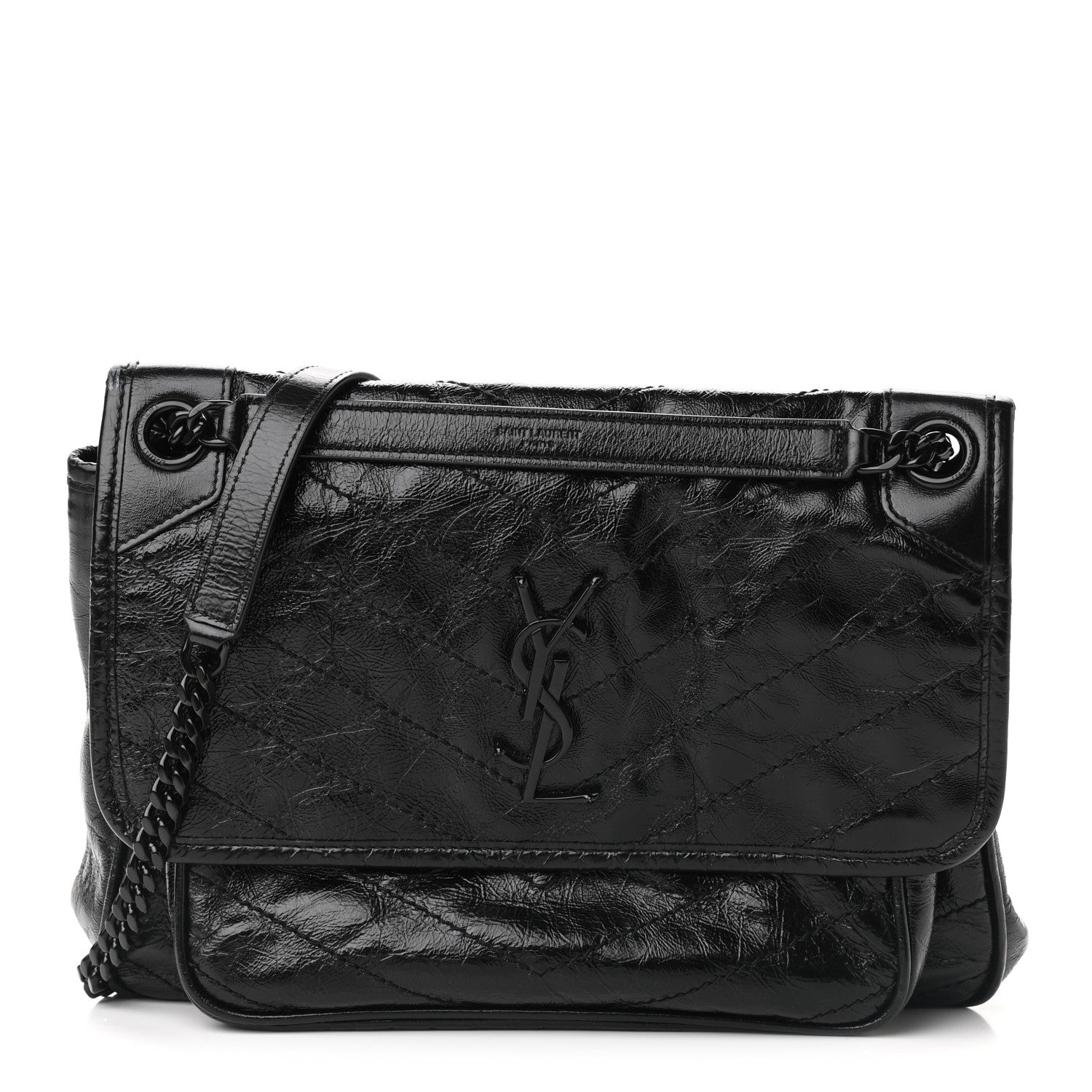 Saint Laurent Crinkled Calfskin Matelasse Monogram Medium Niki Chain Satchel Black 1 of 9