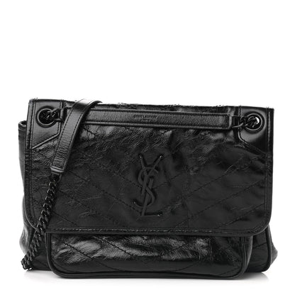 Saint Laurent Crinkled Calfskin Matelasse Monogram Medium Niki Chain Satchel Black 1 of 9