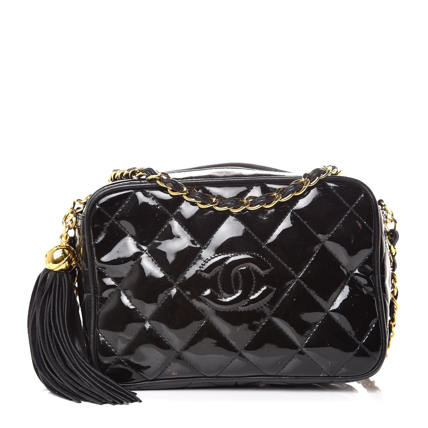 Patent Tassel Quilted Shoulder Bag Black