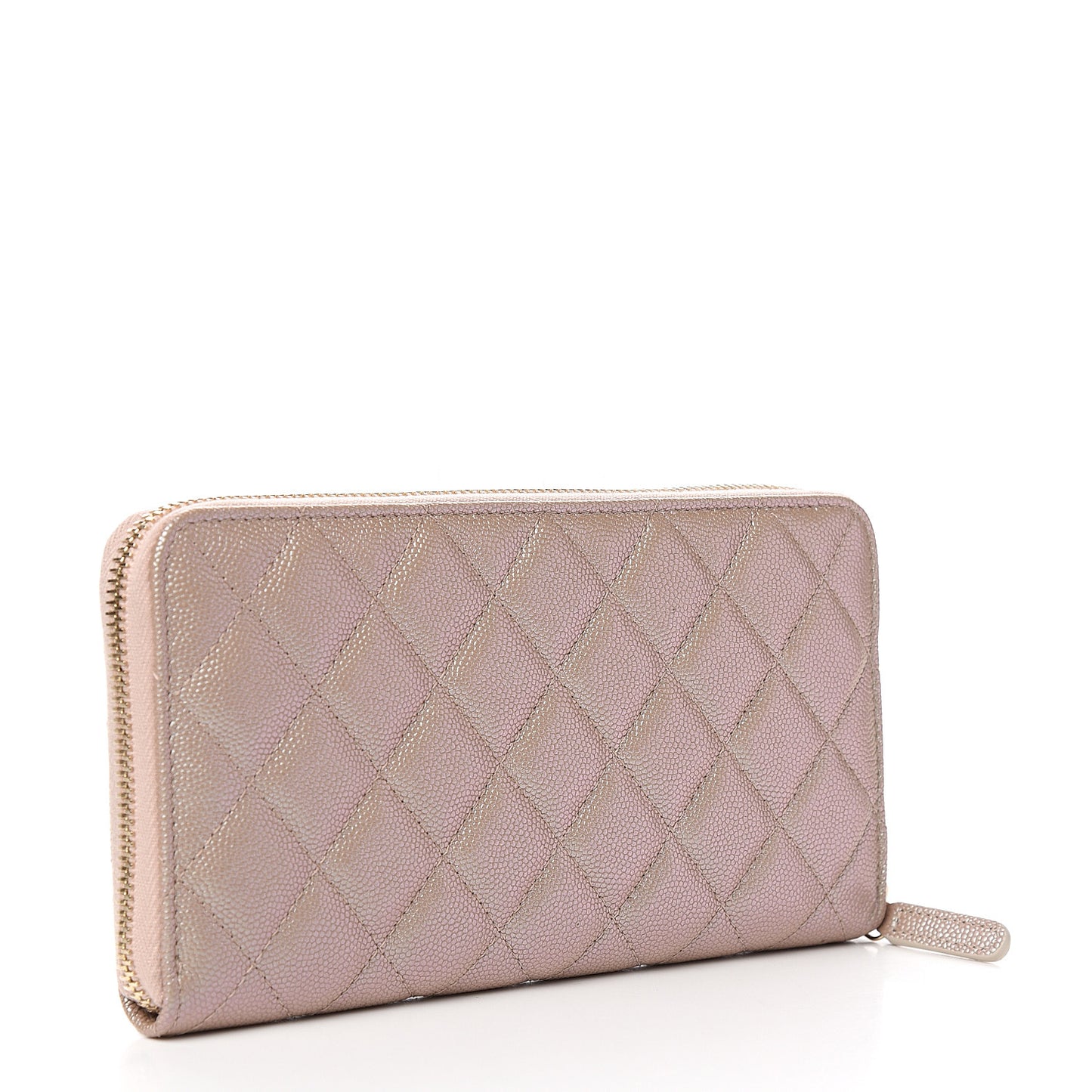 Iridescent Caviar Quilted Long Zip Around Wallet Beige