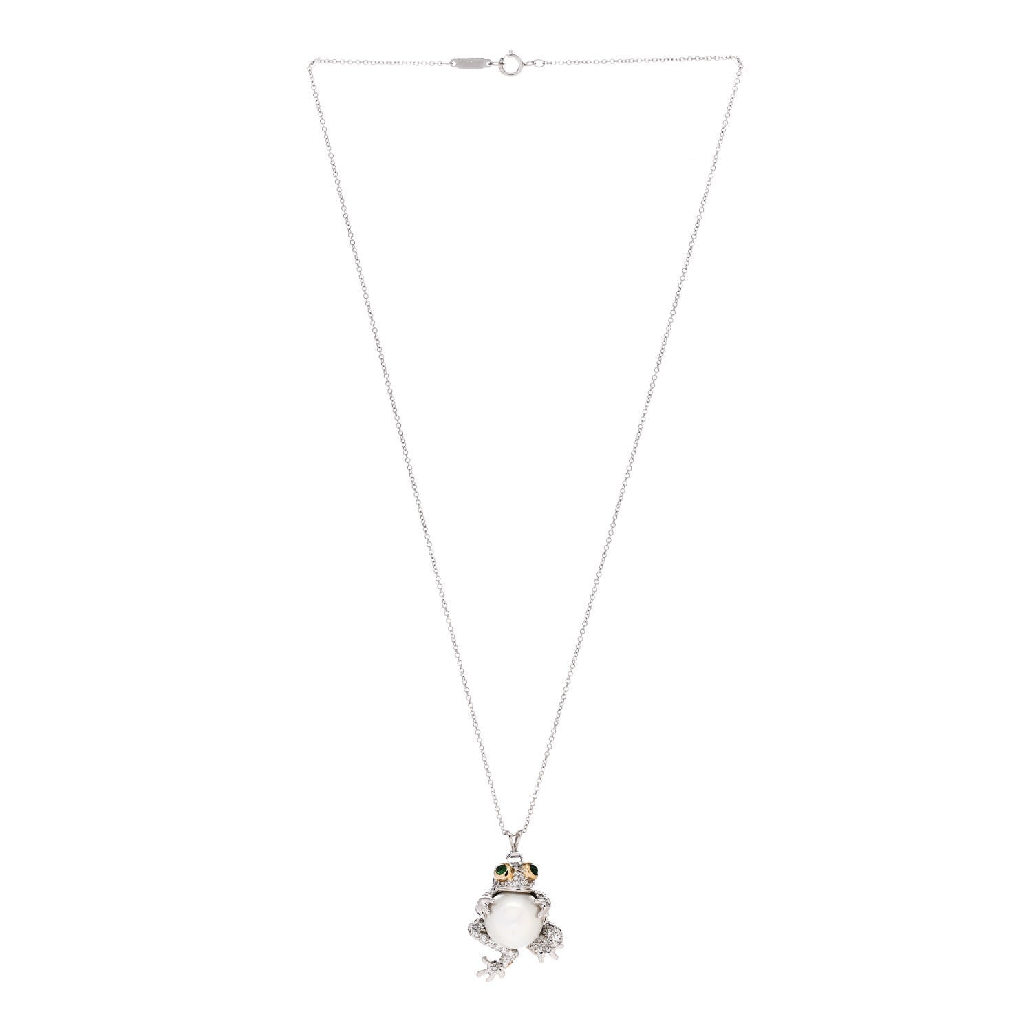 Tiffany Platinum 18K White Yellow Gold Pearl Diamond Frog Necklace 3 of 7