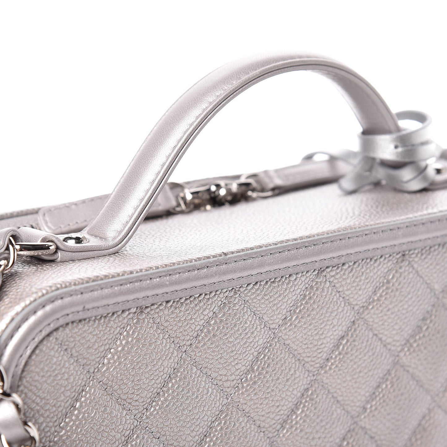 Metallic Caviar Quilted Large CC Filigree Vanity Case Silver