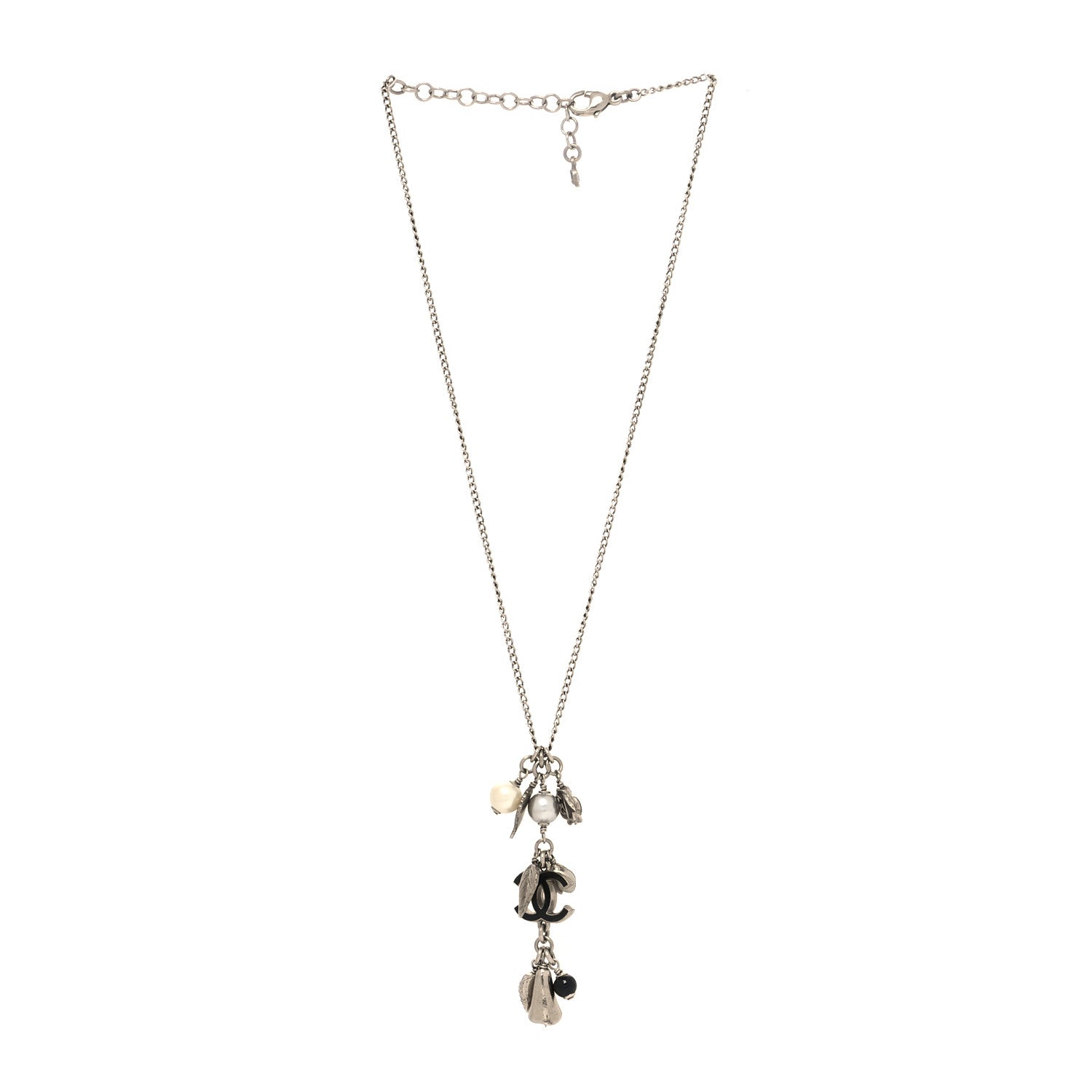 Chanel Enamel Bead Pearl Charms CC Drop Necklace Silver 3 of 5