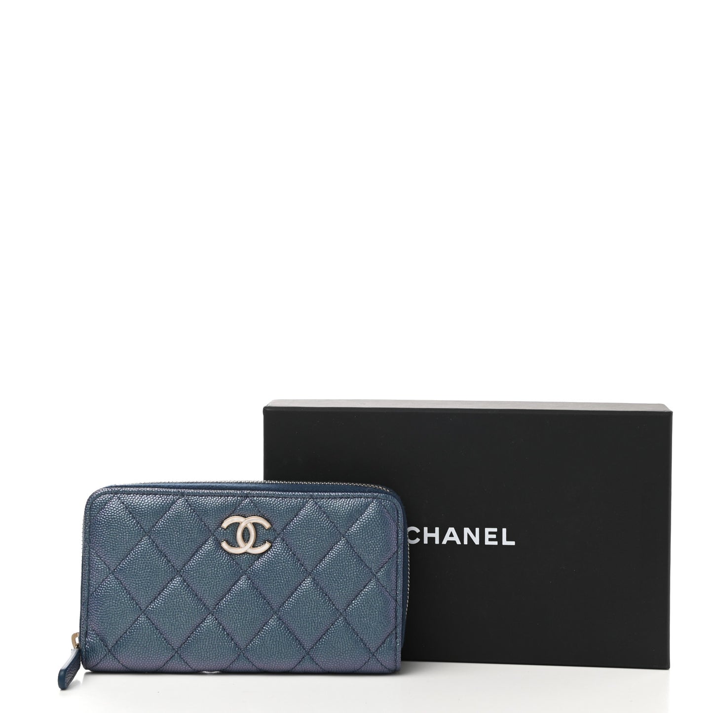 Iridescent Caviar Quilted Medium Zip Around Wallet Dark Blue
