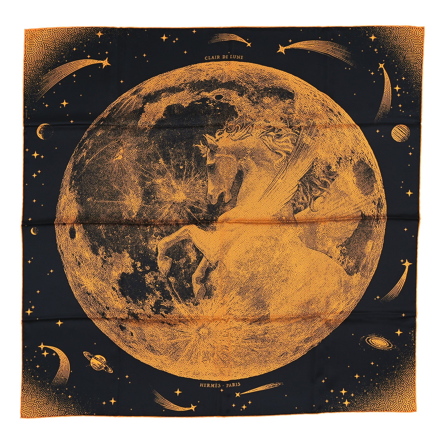 Hermes Silk Clair De Lune Double Face Scarf 90 Black Jaune D'Or Bleu 1 of 5