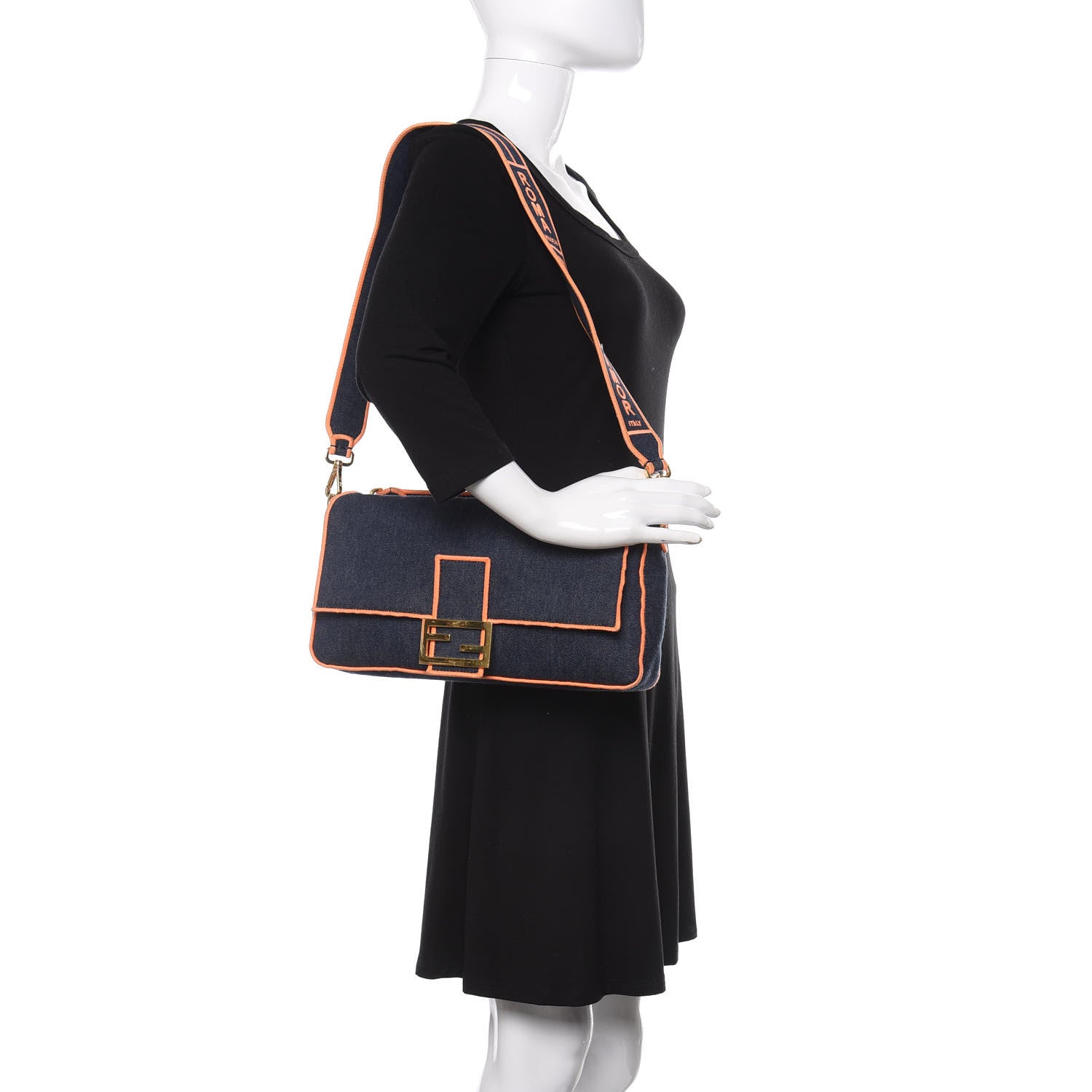 Fendi Denim Large Baguette Blue Arancio Fluo 2 of 15