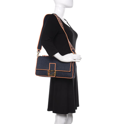 Fendi Denim Large Baguette Blue Arancio Fluo 2 of 15