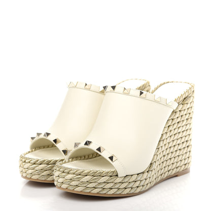 Valentino Garavani Calfskin Silk Rockstud Torchon Espadrille Wedge 25/115mm Slide Sandals 37 Light Ivory 3 of 10
