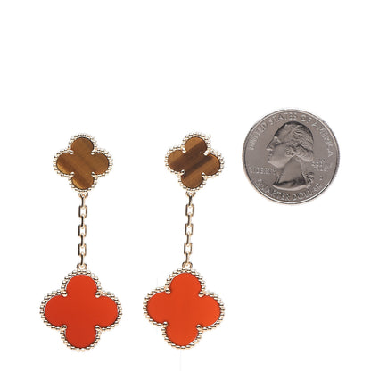 Van Cleef & Arpels 18K Yellow Gold Tiger Eye Carnelian 2 Motifs Magic Alhambra Earrings 2 of 5