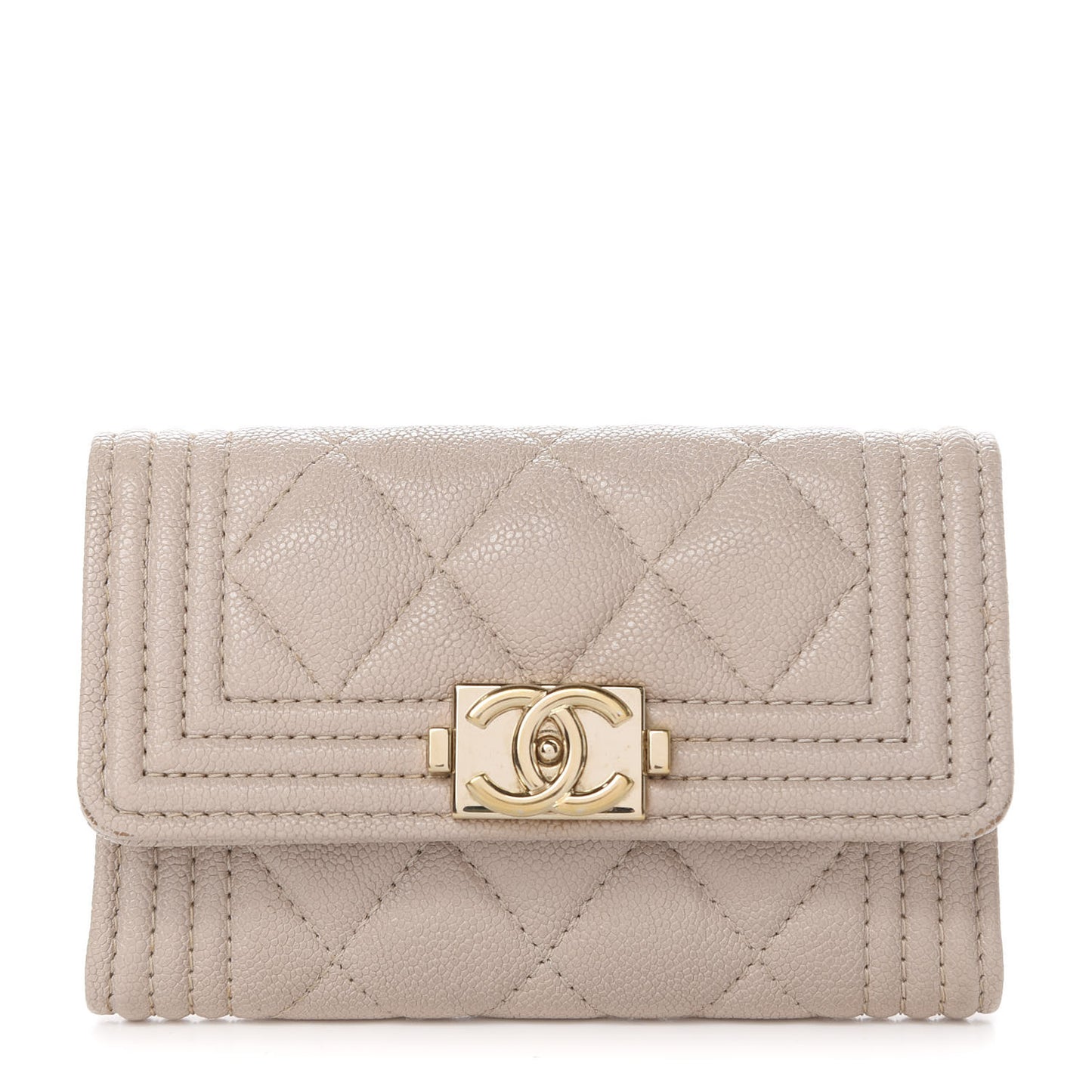 Caviar Quilted Boy Flap Card Holder Wallet Beige