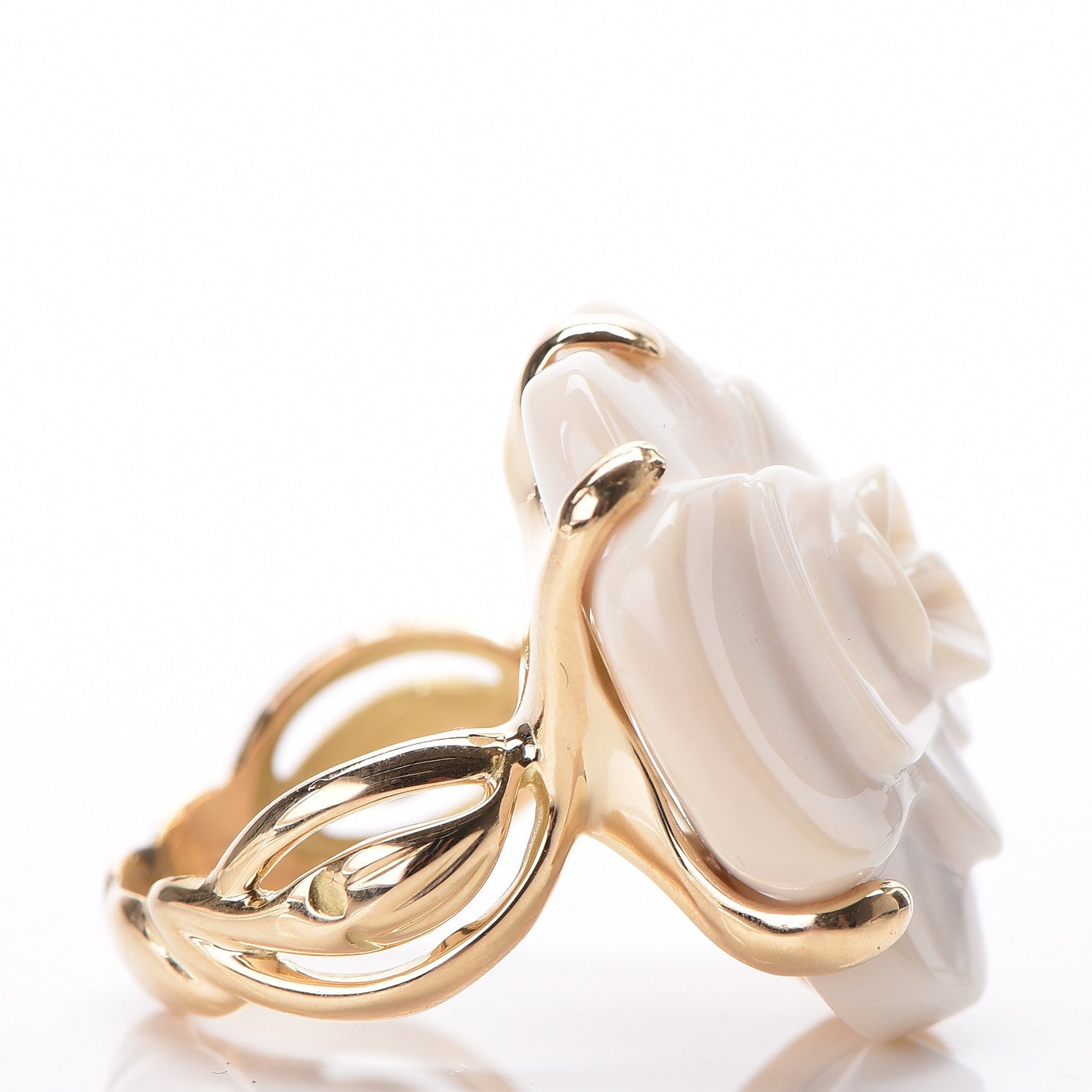 Chanel 18K Yellow Gold White Ceramic Camelia Cachlonj Ring 6.25 4 of 5