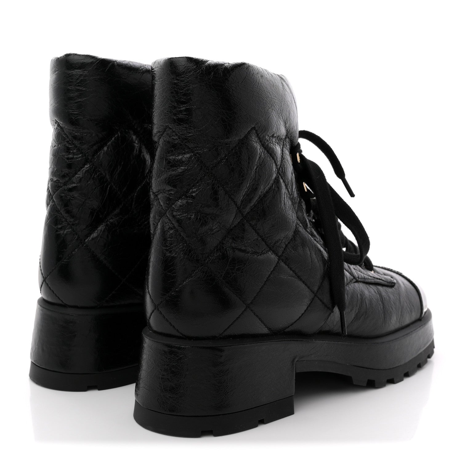 Chanel Crumpled Patent Lambskin Calfskin Quilted Lace Up Combat Boots 41.5 Black 5 of 12