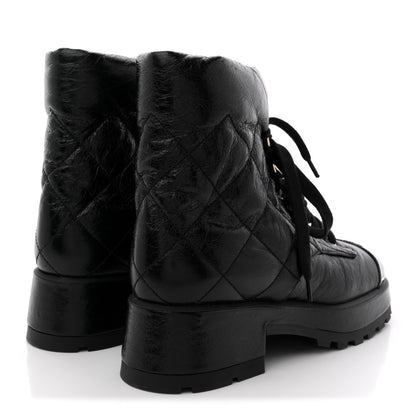Chanel Crumpled Patent Lambskin Calfskin Quilted Lace Up Combat Boots 41.5 Black 5 of 12