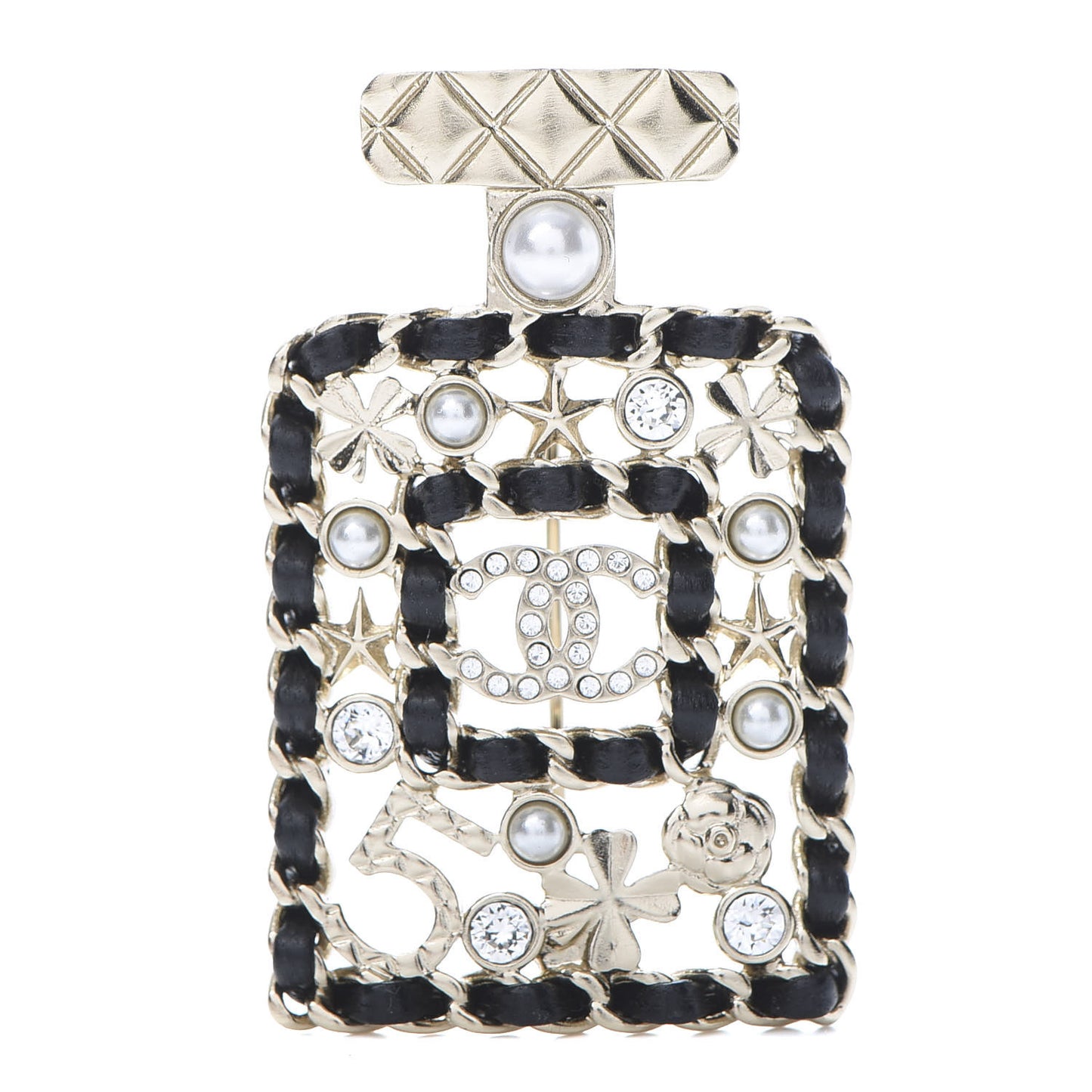 Lambskin Pearl Quilted Chain CC Perfume Bottle Brooch Gold