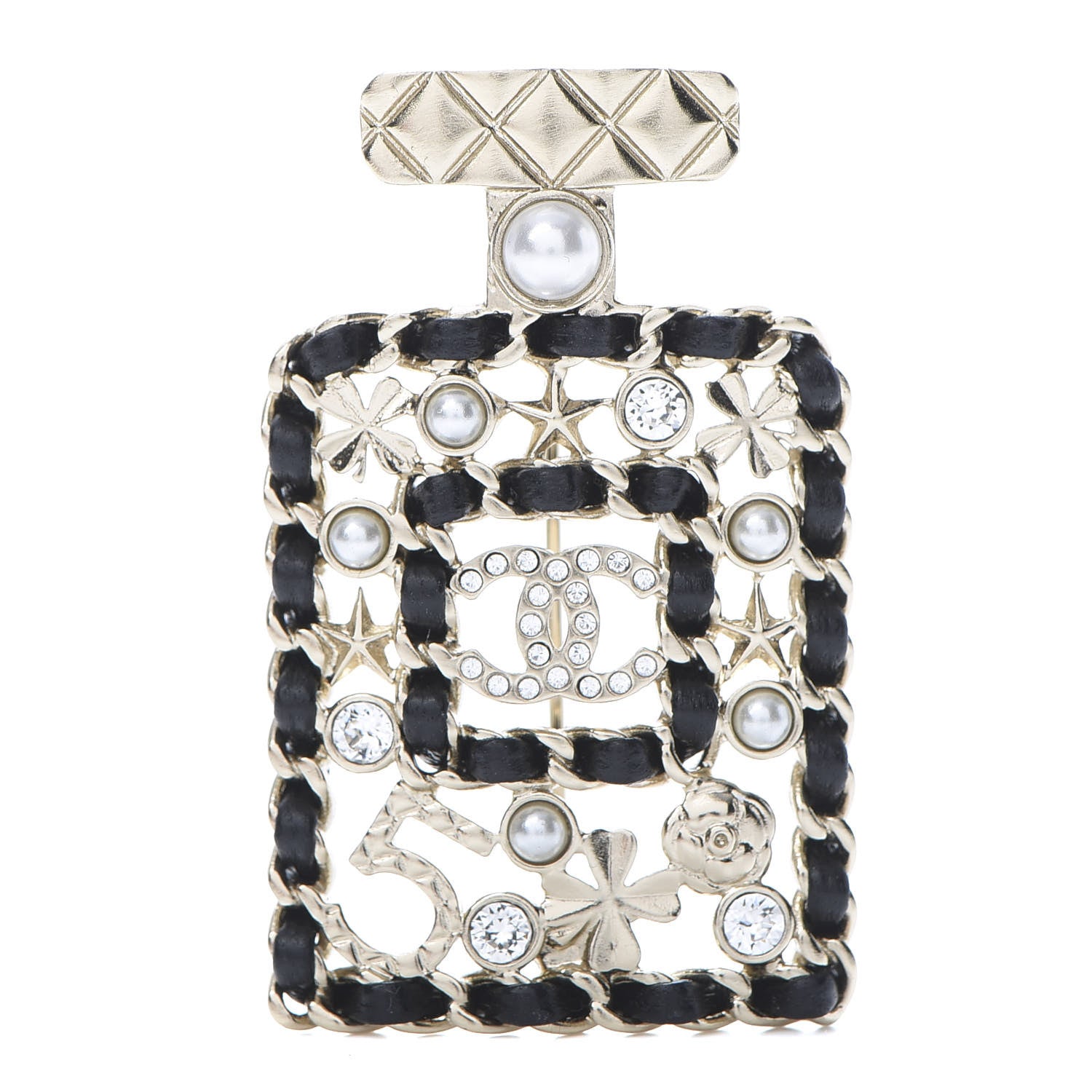 Chanel Lambskin Pearl Quilted Chain CC Perfume Bottle Brooch Gold 1 of 5