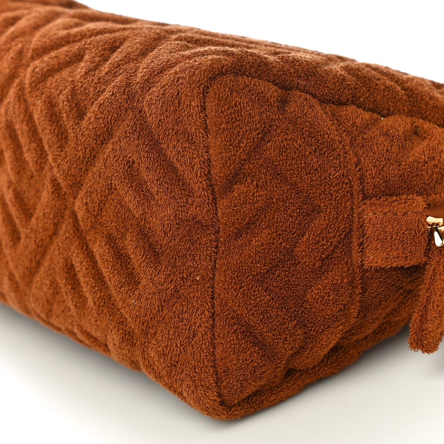 Fendi Terry Cloth Vitello Century Matte FF 1974 Embossed Medium Trapezoid Beauty Pouch Caramel 8 of 8