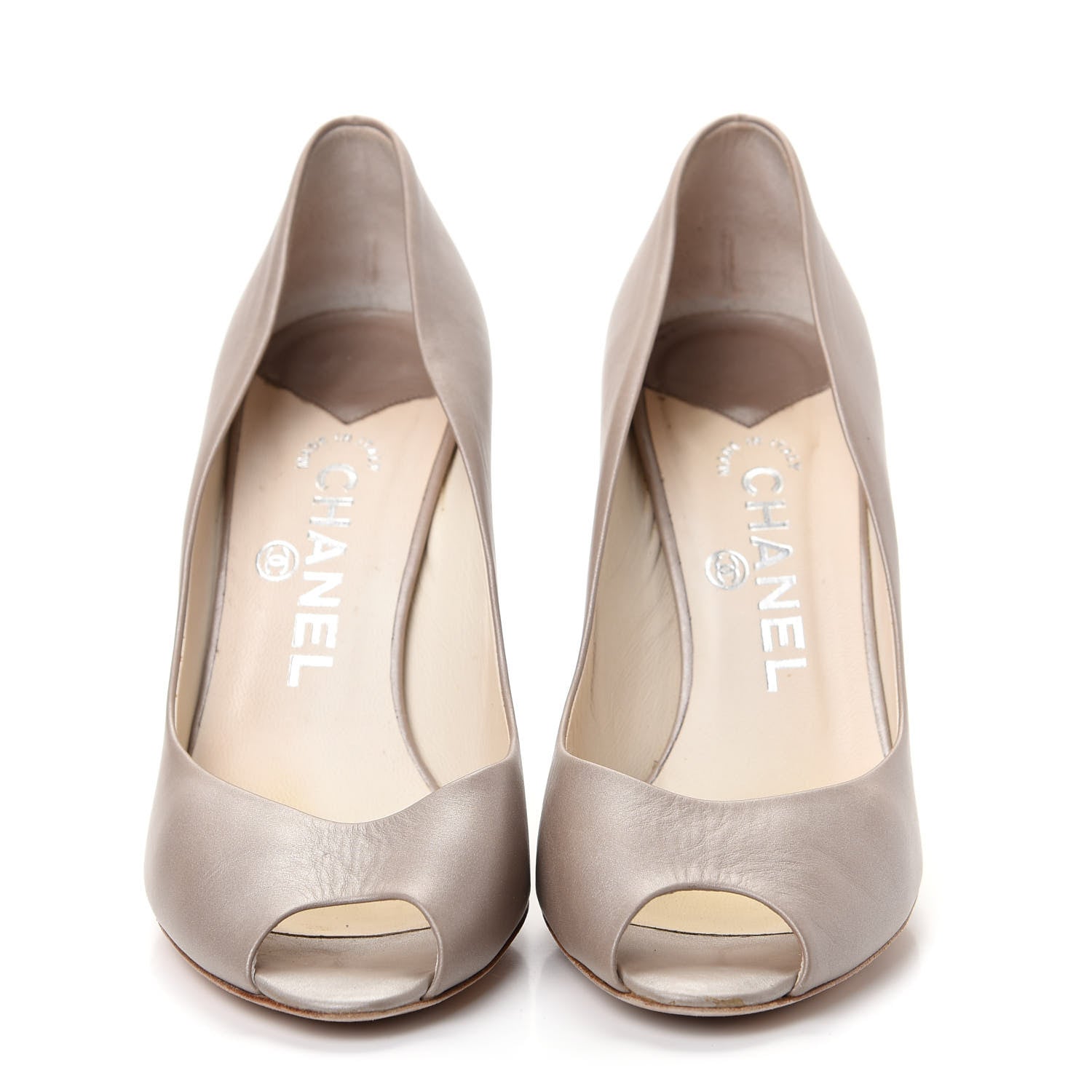Chanel Lambskin CC Peep Toe Pumps 38.5 Beige 2 of 13