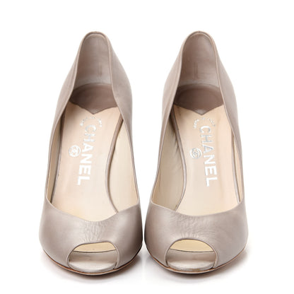 Chanel Lambskin CC Peep Toe Pumps 38.5 Beige 2 of 13