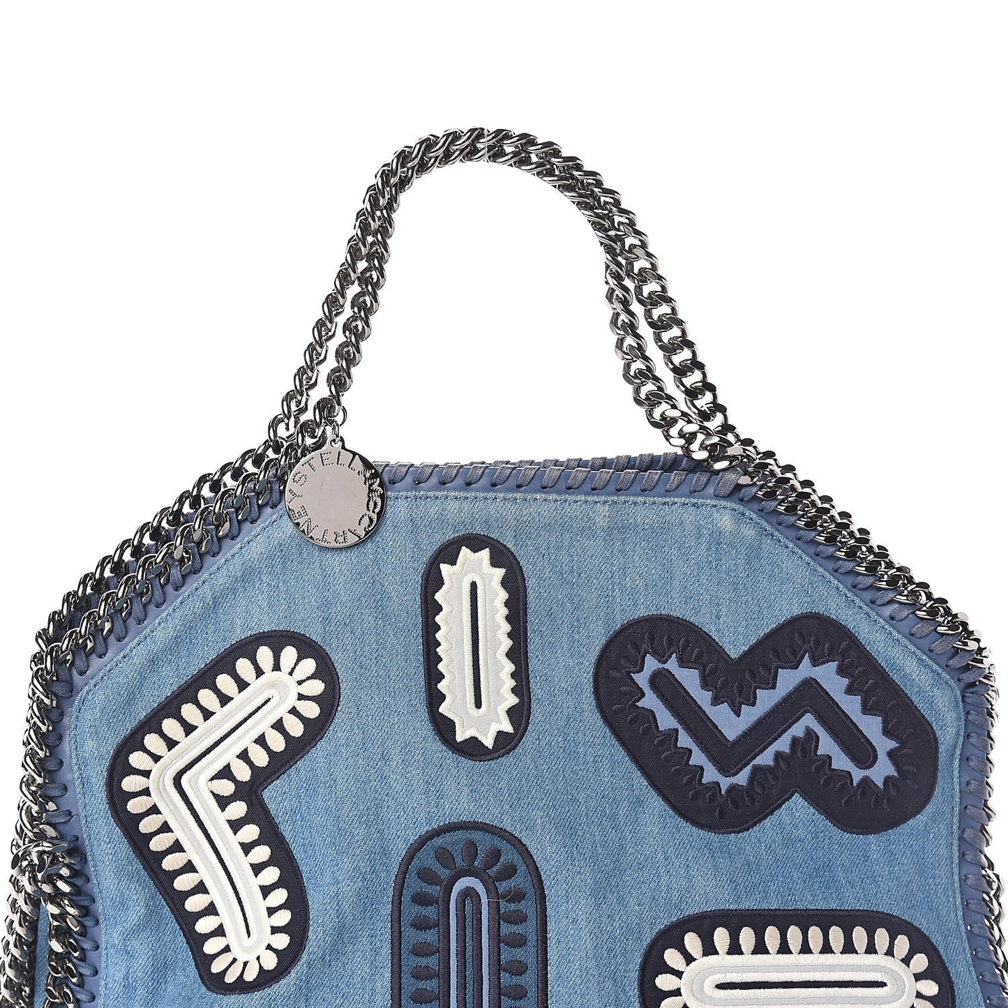 Eco Denim Embroidered Zigarette Falabella Fold Over Tote Blue