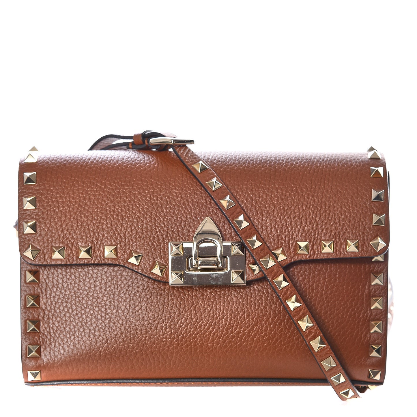 Pebbled Calfskin Medium Rockstud Flip Lock Crossbody Bag Bright Cognac