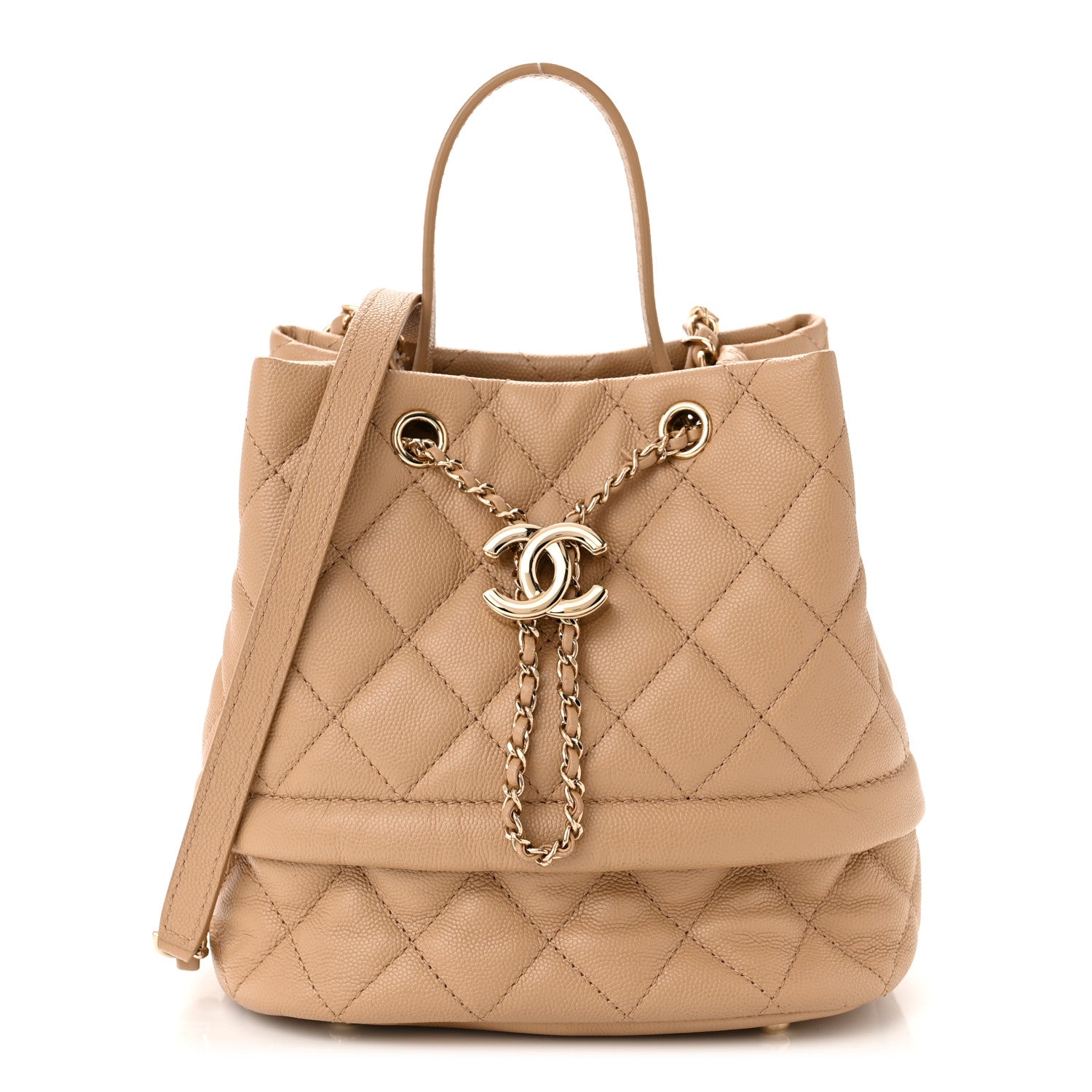 Chanel Caviar Quilted Rolled Up Bucket Drawstring Bag Beige 1 of 12