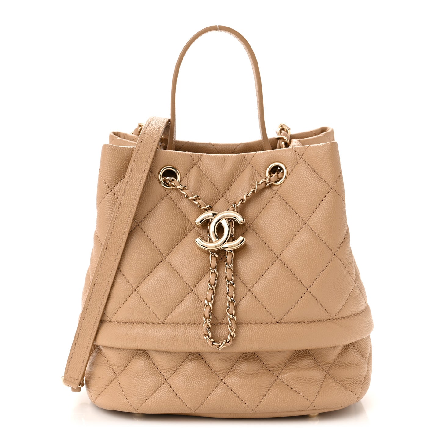 Caviar Quilted Rolled Up Bucket Drawstring Bag Beige
