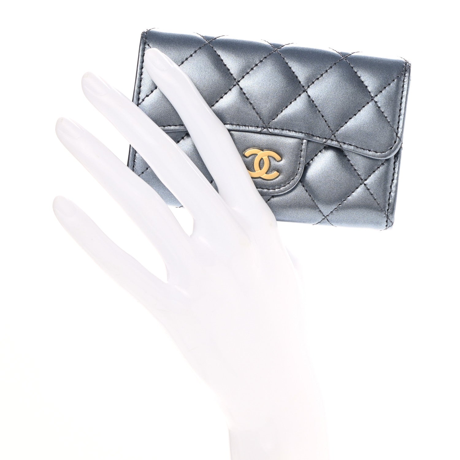 Chanel Metallic Lambskin Quilted Flap Card Holder Wallet Dark Blue 2 of 9