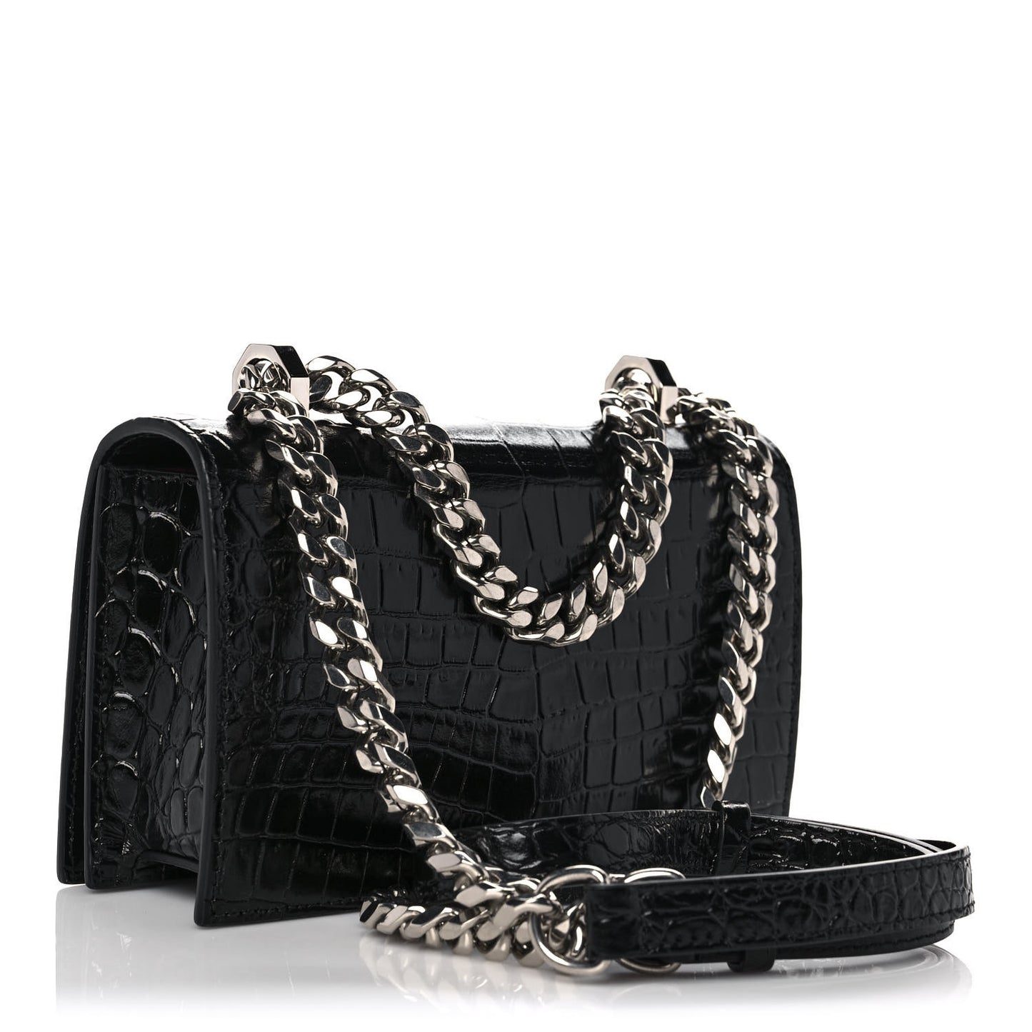 Shiny Crocodile Embossed Jeweled Satchel Black
